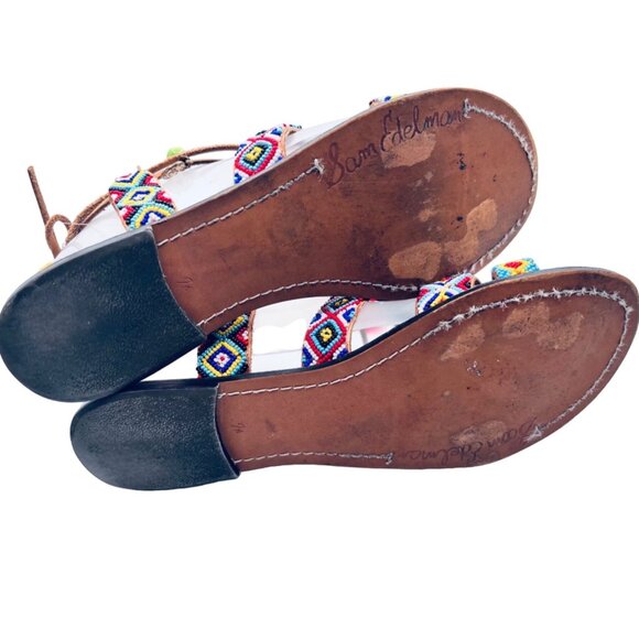 SIZE 7.5 Sam Edelman Lisabeth Beaded Charm Pom Boho Hippie Leather Sandals - Picture 9 of 12